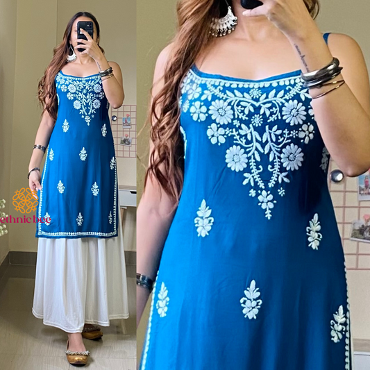 Amaira Noodle Strap Chikankari Kurti-Teal Blue