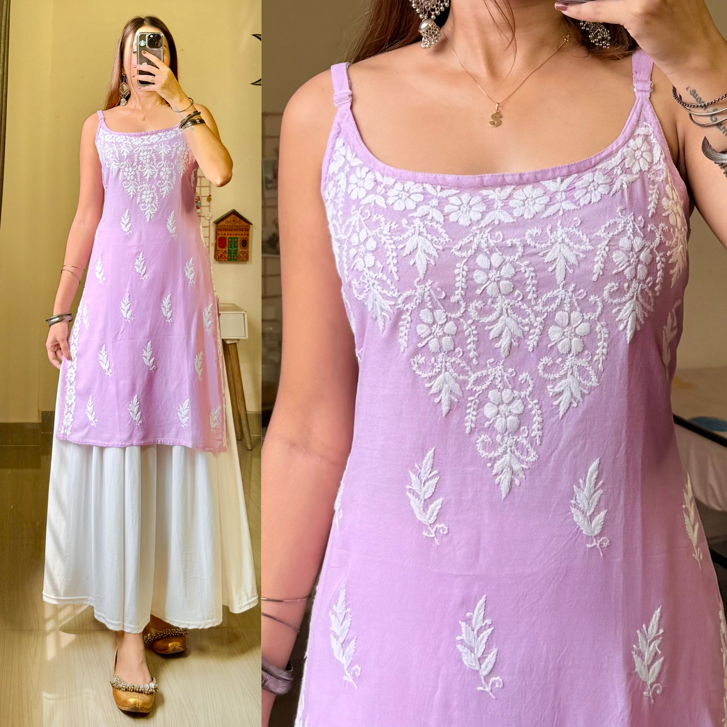 Sitara Noodle Strap Chikankari-Pink