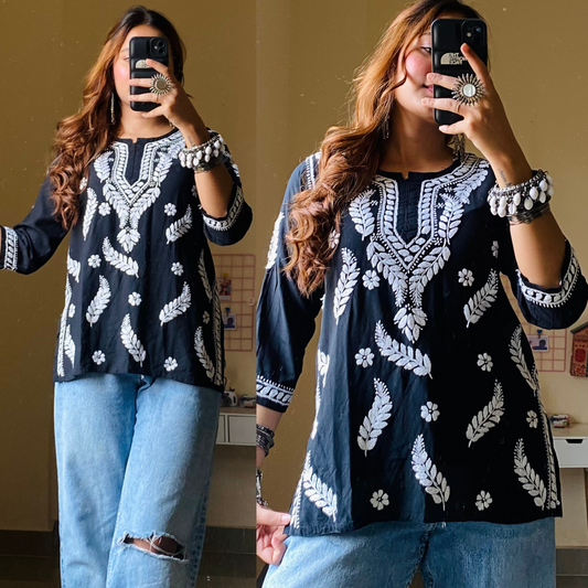 Sarika Short Chikankari Top-Black