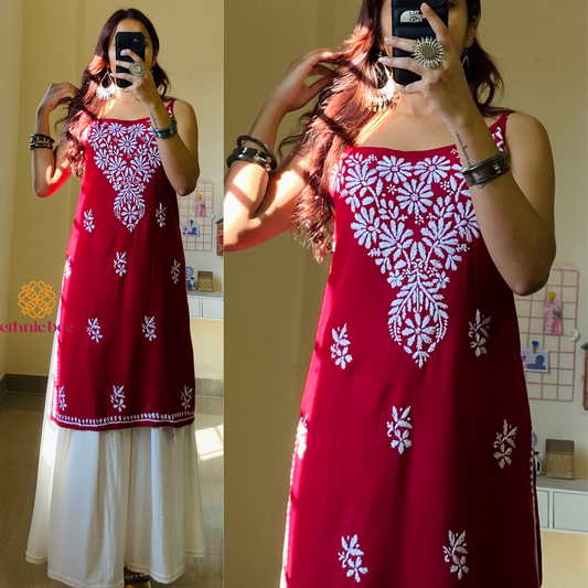 Noor Noodle Strap Chikankari Kurti-Red