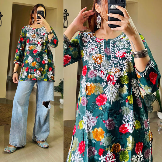 Flora Short Chikankari Kurti-Forest Green