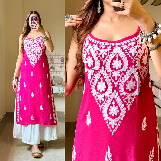 Zoya Noodle Strap Kashmiri Aari Kurti-Magenta Pink
