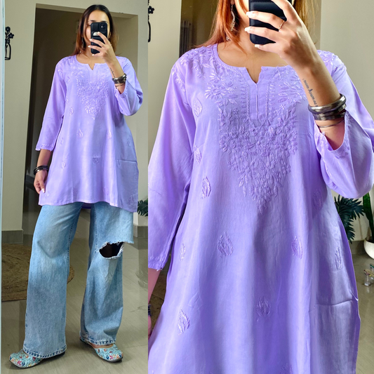 Cherry Short Chikankari Kurti-Lavender