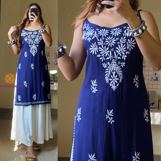 Noor Noodle Strap Chikankari Kurti-Navy Blue