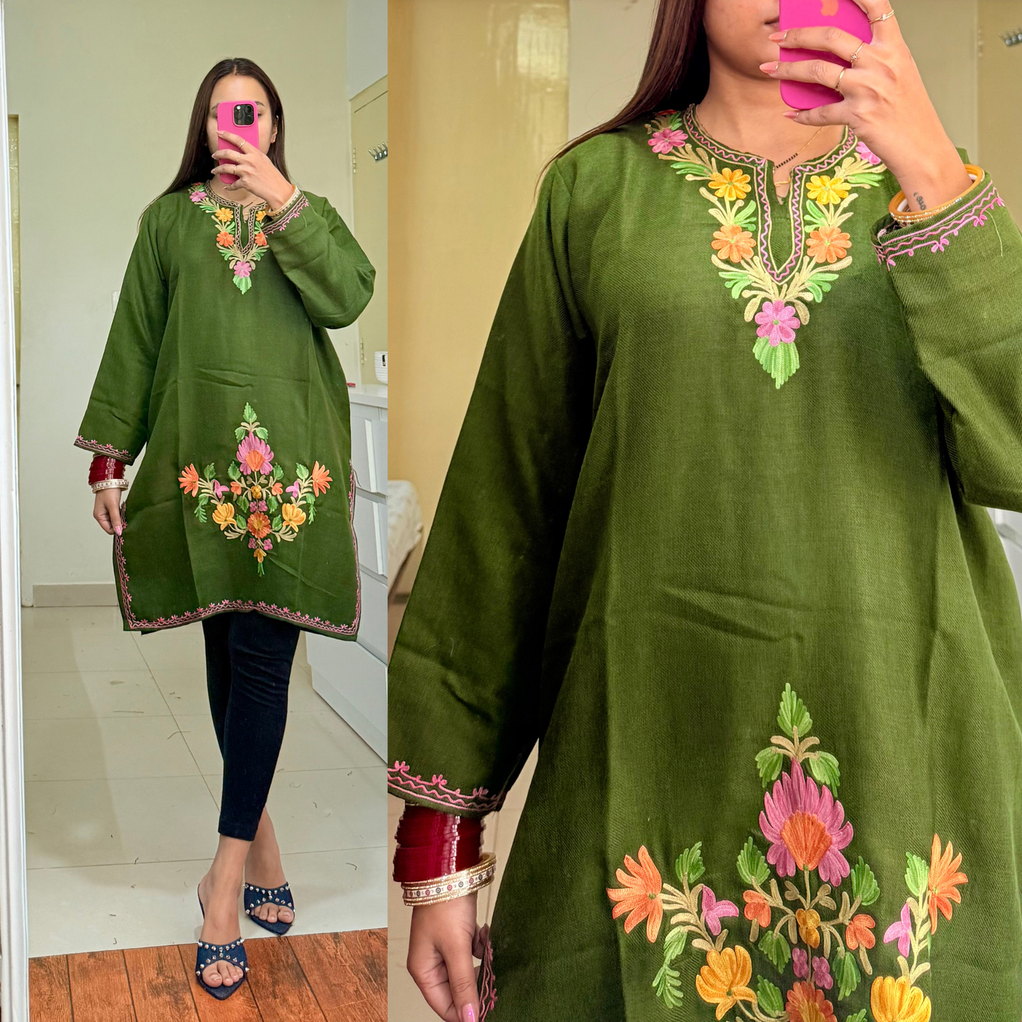 Zooni Woollen Kashmiri Kurti-Green