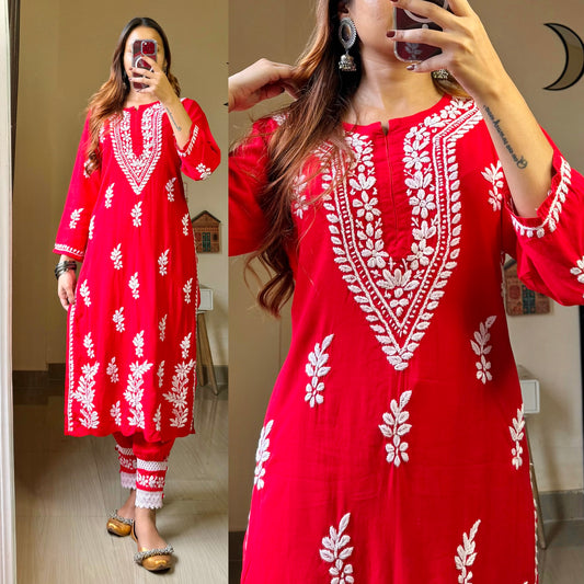 Meher Afghani Chikankari Set-Red