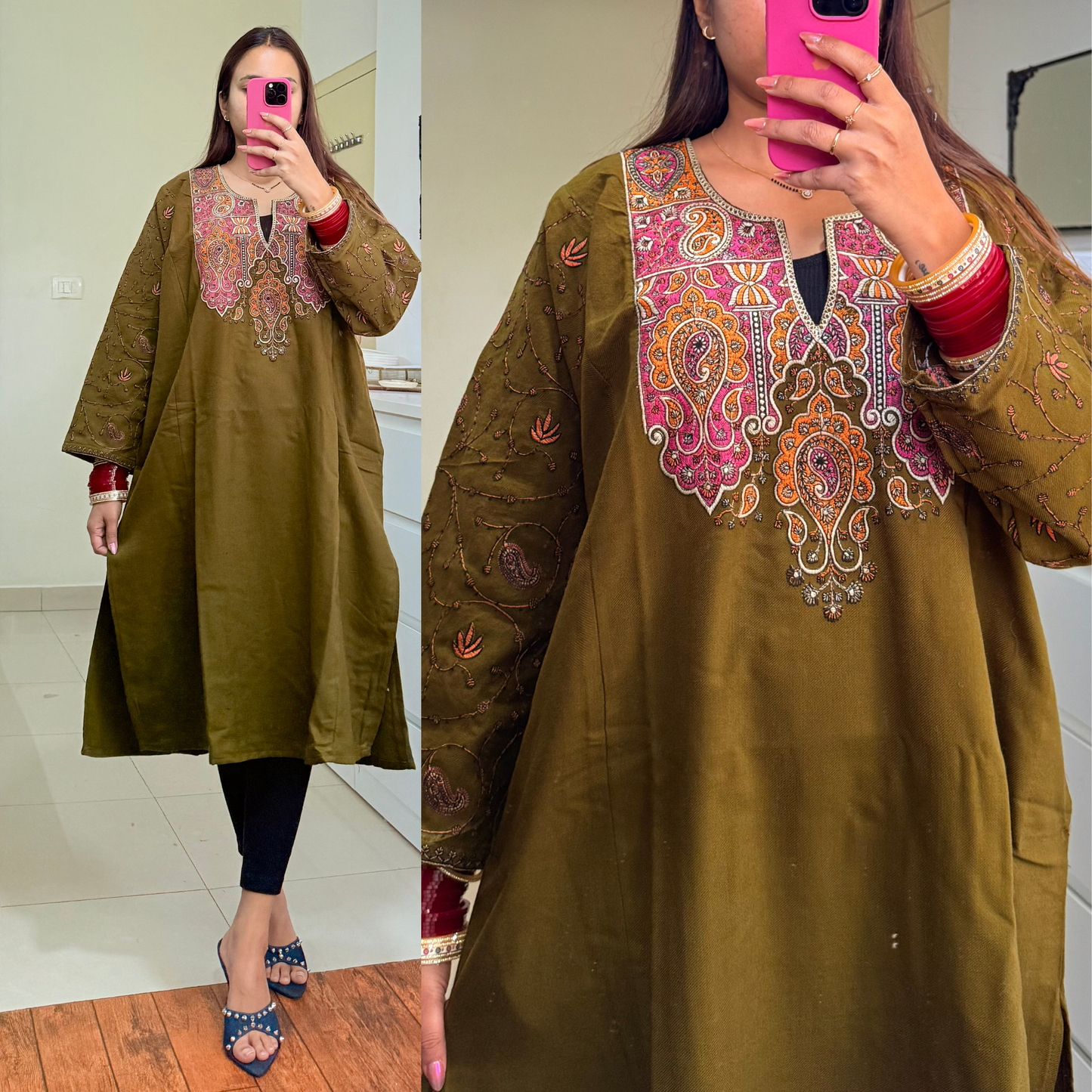 Fitoor Woollen Kashmiri Pheran- Olive Green