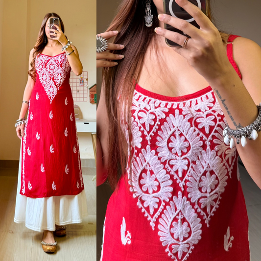 Zoya Noodle Strap Kashmiri Aari Kurti-Red