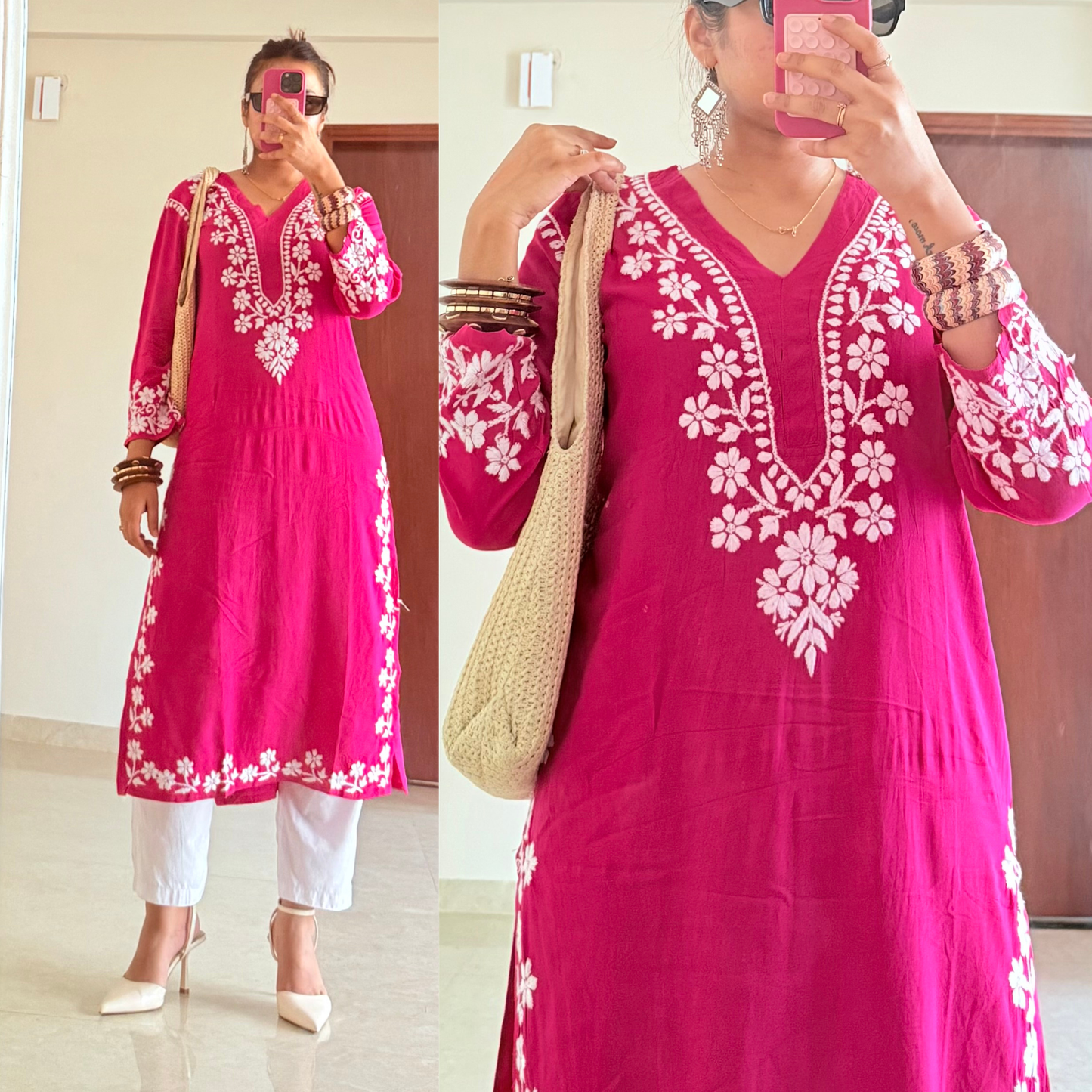 Masakali Chikankari Kurti-Magenta
