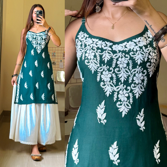 Sitara Noodle Strap Chikankari-Forest Green