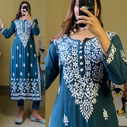 Nitya Modal Chikankari Kurti -Dusty Teal