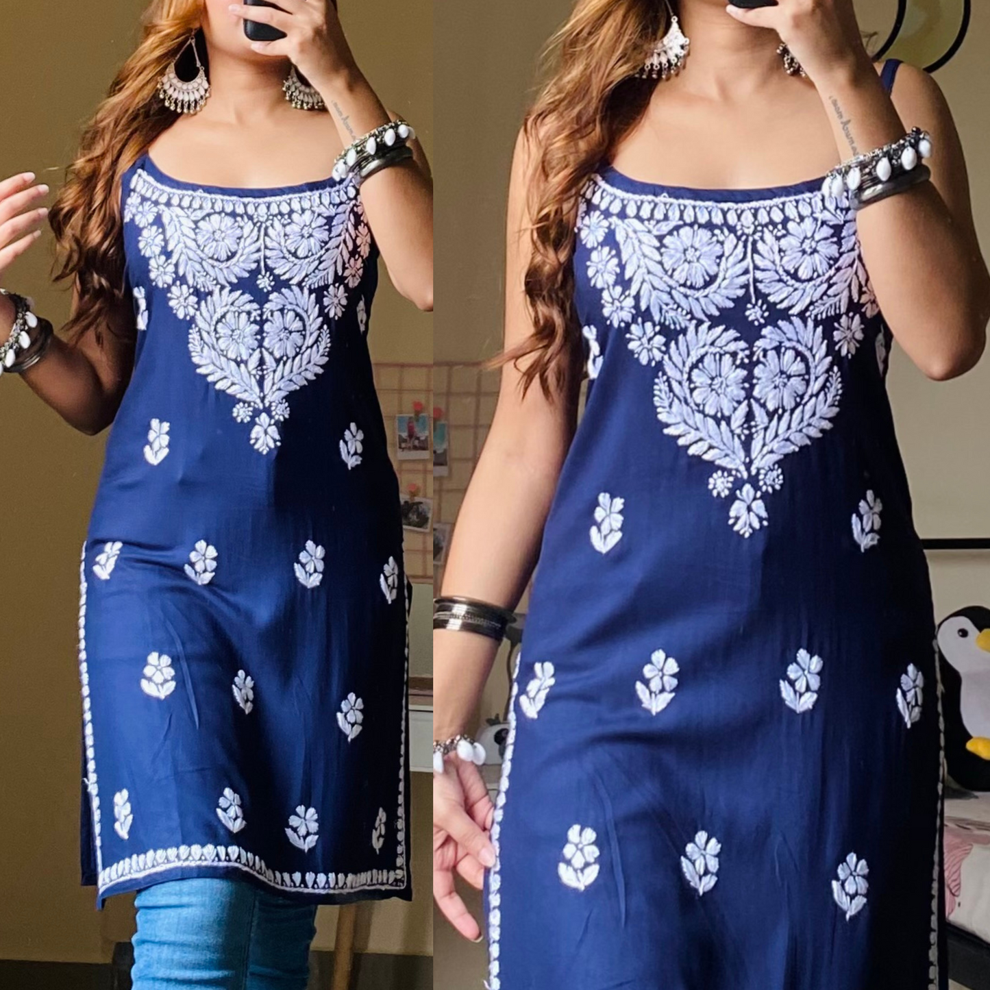 Nish Noodle Strap Chikankari Kurti-Navy Blue