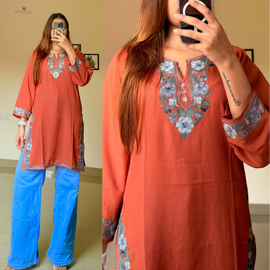 Nora Short Kashmiri Kurti- Rust Orange