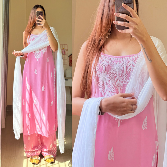 Lush Kashmiri Aari Work Three Piece Set-Baby Pink