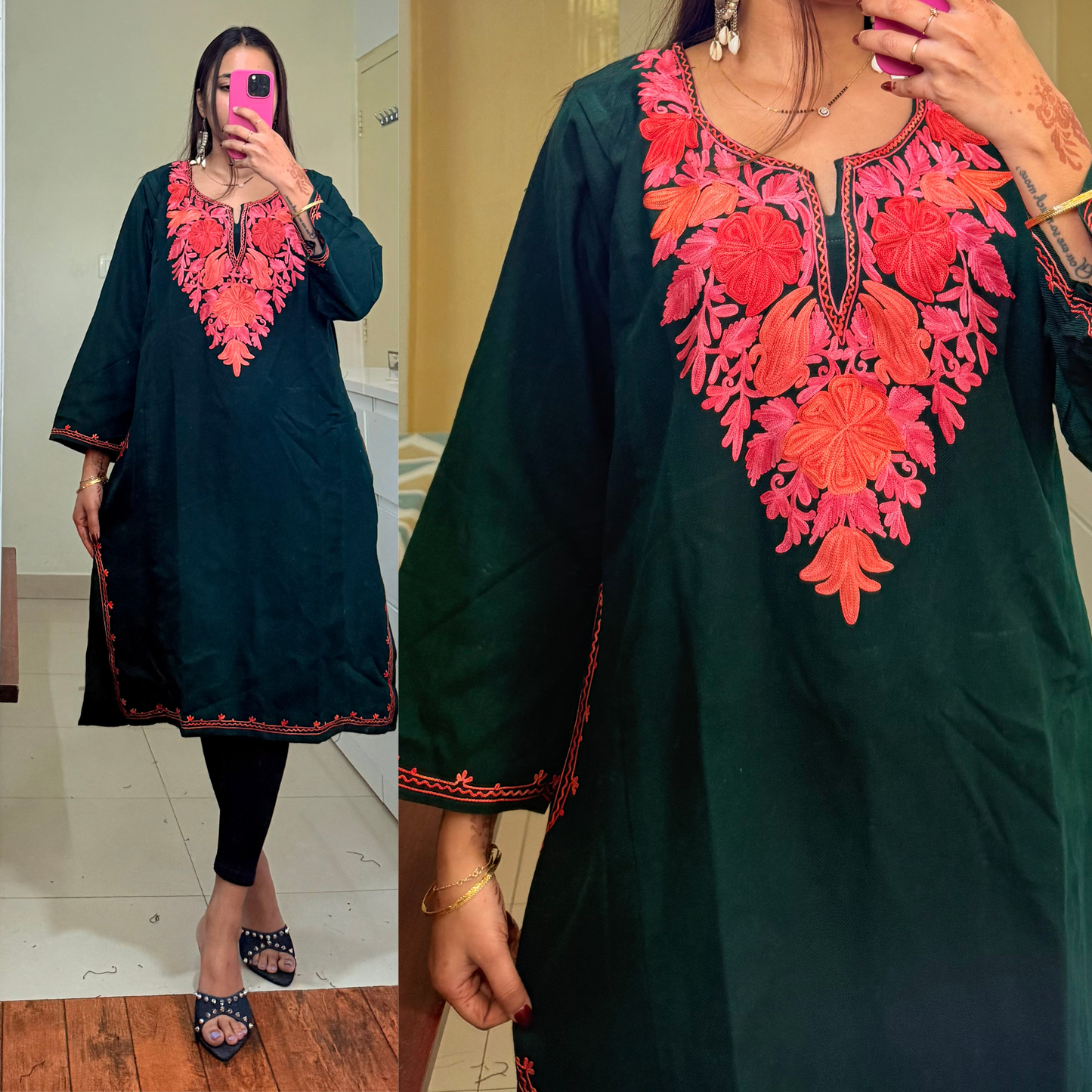 Noori Woollen Kashmiri Pheran-Green