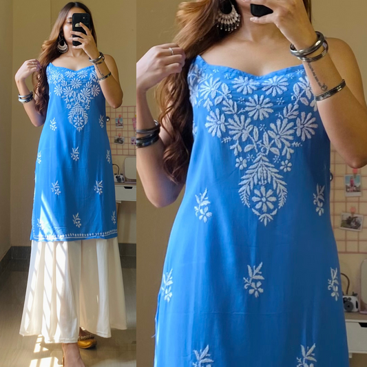 Noor Noodle Strap Chikankari Kurti-Powder Blue