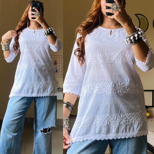 Tina Fancy Lace Chikankari Top-White