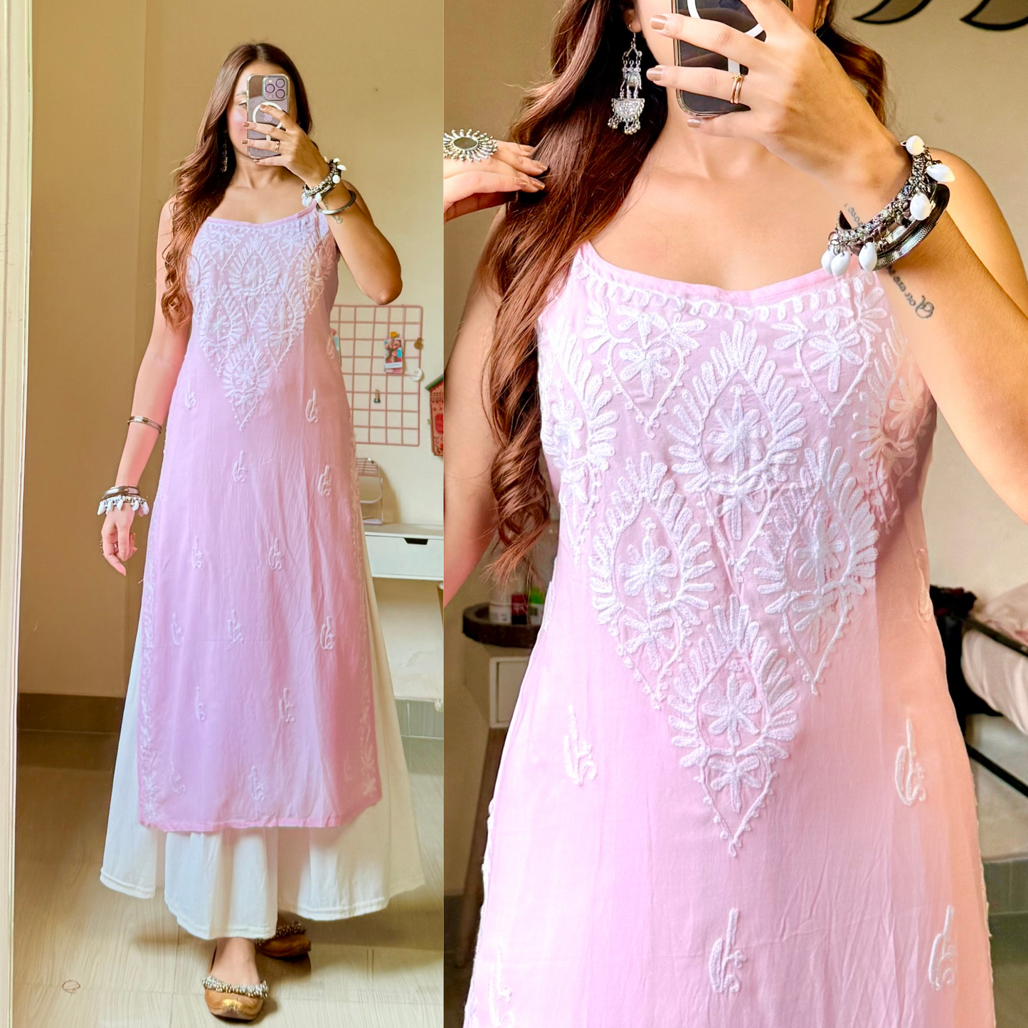 Zoya Noodle Strap Kashmiri Aari Kurti- Baby Pink