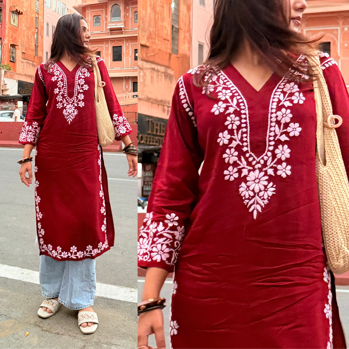 Masakali Chikankari Kurti-Maroon