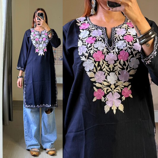 Nora Short Kashmiri Kurti- Black