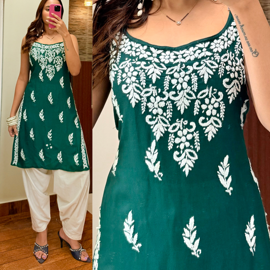 Sitara Noodle Strap Chikankari-Forest Green