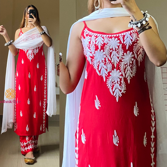 Lush Kashmiri Aari Work Three Piece Set-Red
