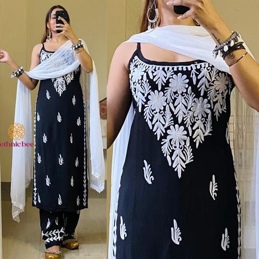 Lush Kashmiri Aari Work Three Piece Set-Black