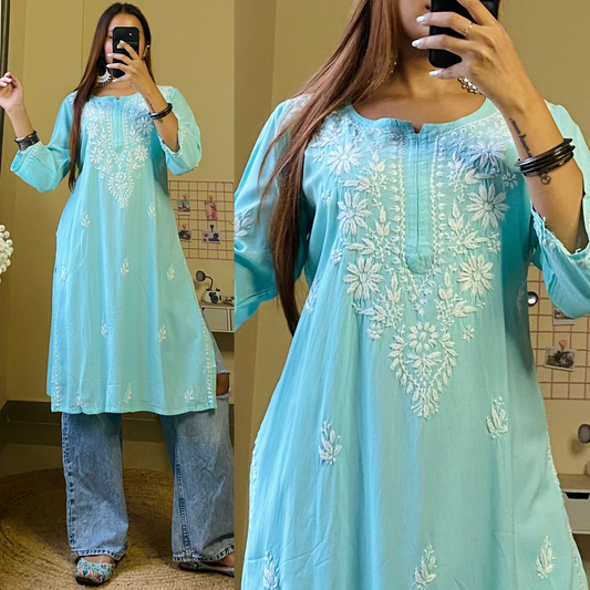 Soha Chikankari Kurti-Mint Blue