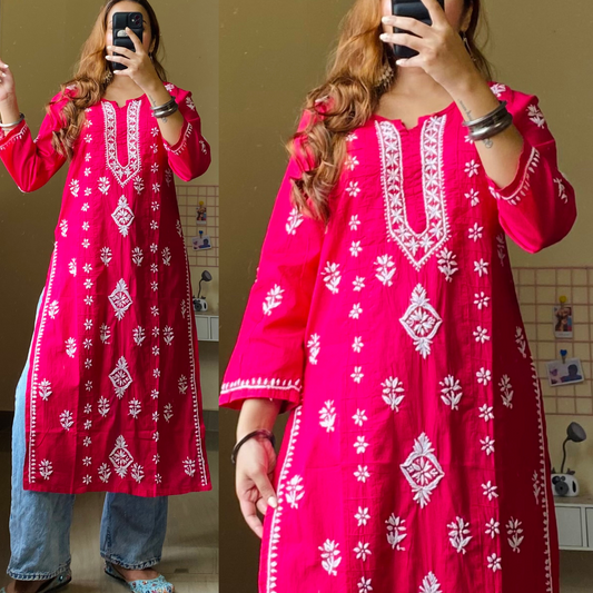 Rubi Cotton Chikankari Kurti-Pink