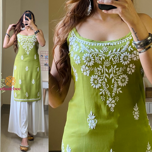 Amaira Noodle Strap Chikankari Kurti-Mehendi Green