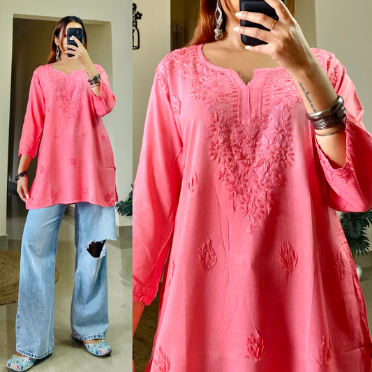 Cherry Short Chikankari Kurti-Peach