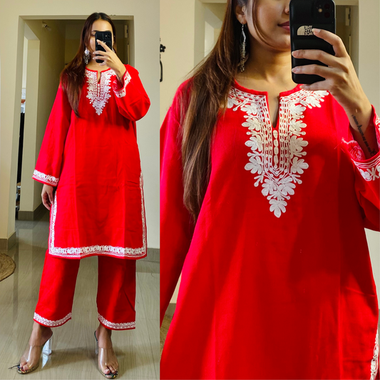 Kohinoor Woollen Kashmiri Coord Set-Red