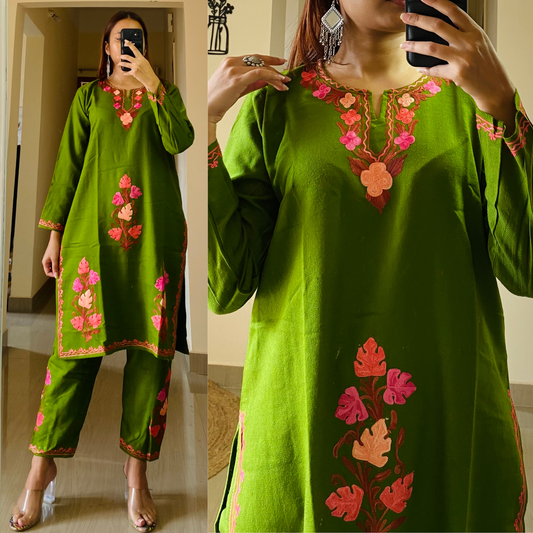 Kohinoor Woollen Kashmiri Coord Set-Green