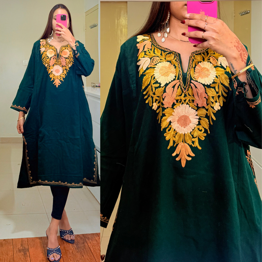 Noori Woollen Kashmiri Pheran-Green