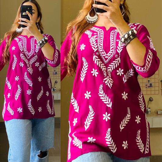 Sarika Cotton Chikankari Top-Maroon