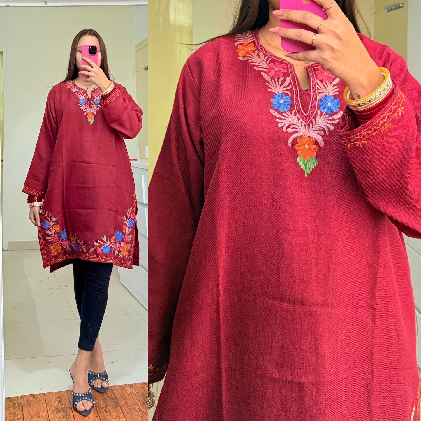 Zooni Woollen Kashmiri Kurti-Maroon