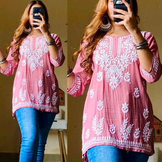 Rini Modal Chikankari Top-Powder Pink
