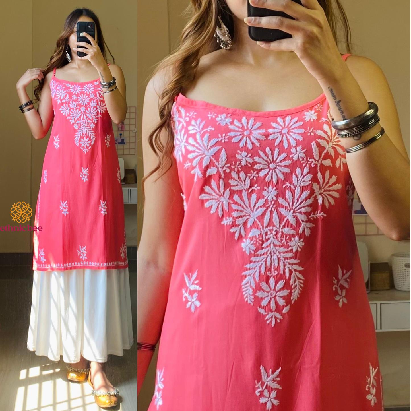 Noor Noodle Strap Chikankari Kurti-Peach