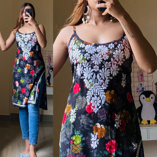 Anna Noodle Strap Chikankari Kurti-Black