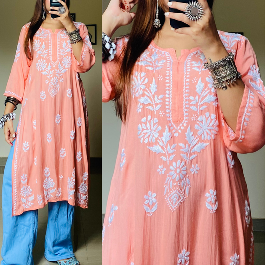 Rani Modal Chikankari Kurti-Peach
