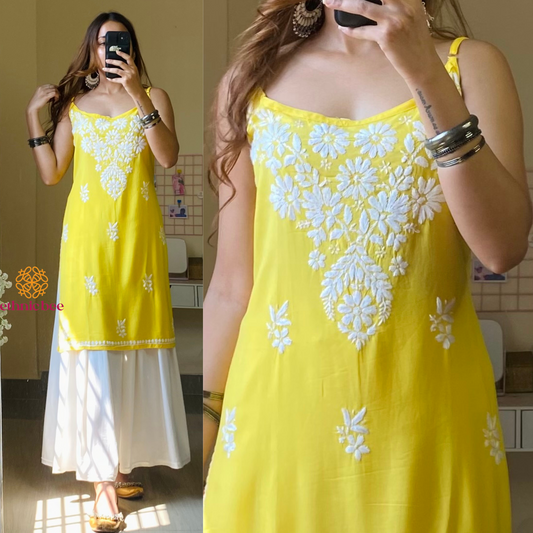 Noor Noodle Strap Chikankari Kurti- Yellow