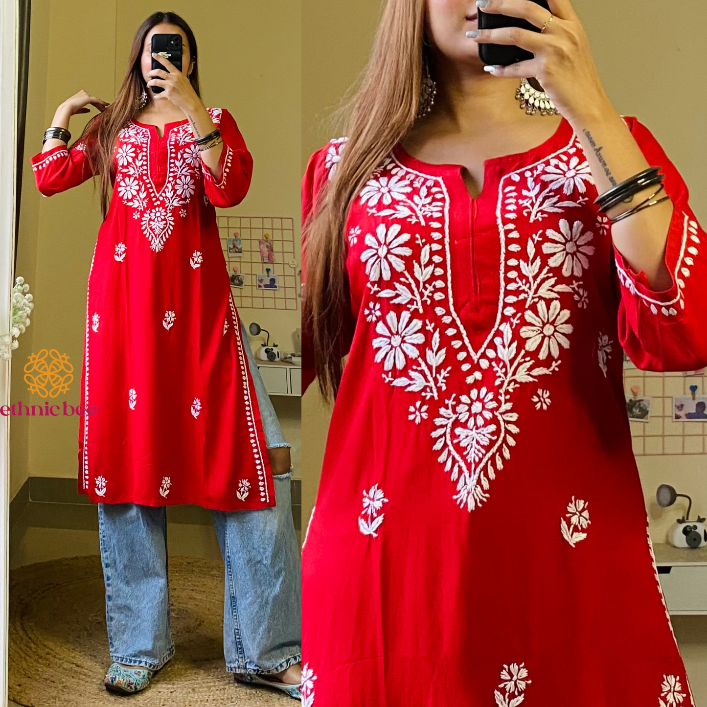 Soha Chikankari Kurti-Red