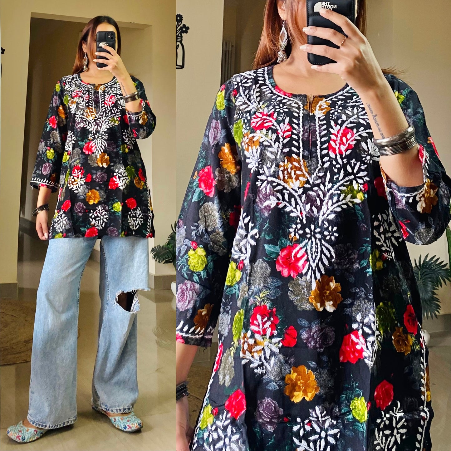 Flora Short Chikankari Kurti-Black