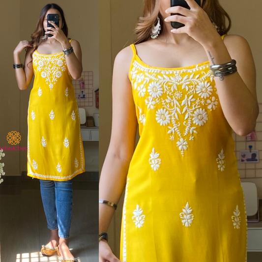 Amaira Noodle Strap Chikankari Kurti-Yellow
