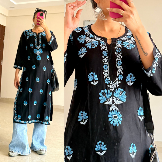 Padma Chikankari Kurti-Blue embroidery