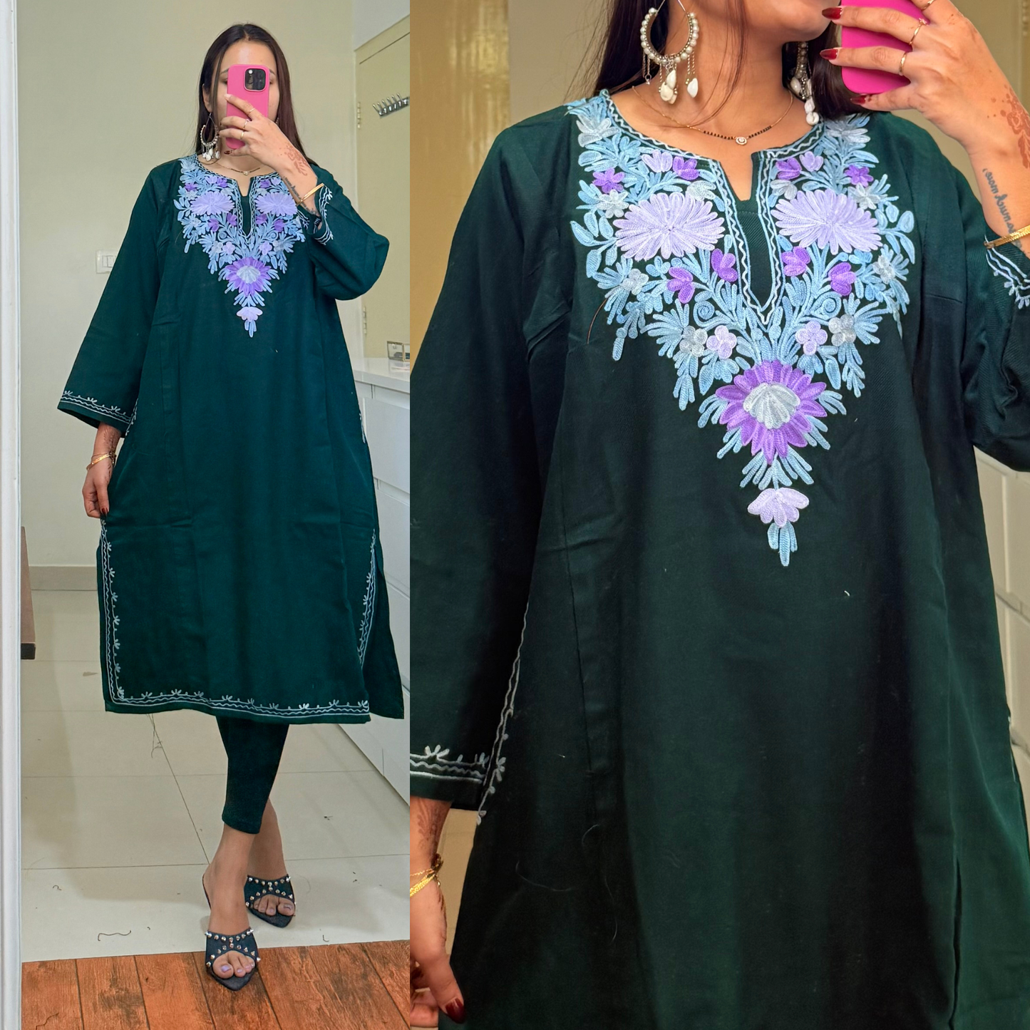 Noori Woollen Kashmiri Pheran-Green