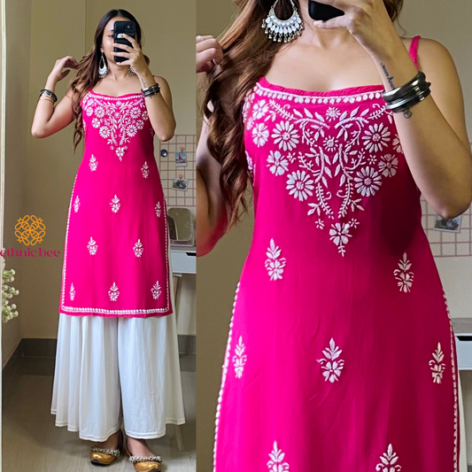 Amaira Noodle Strap Chikankari Kurti-Magenta Pink