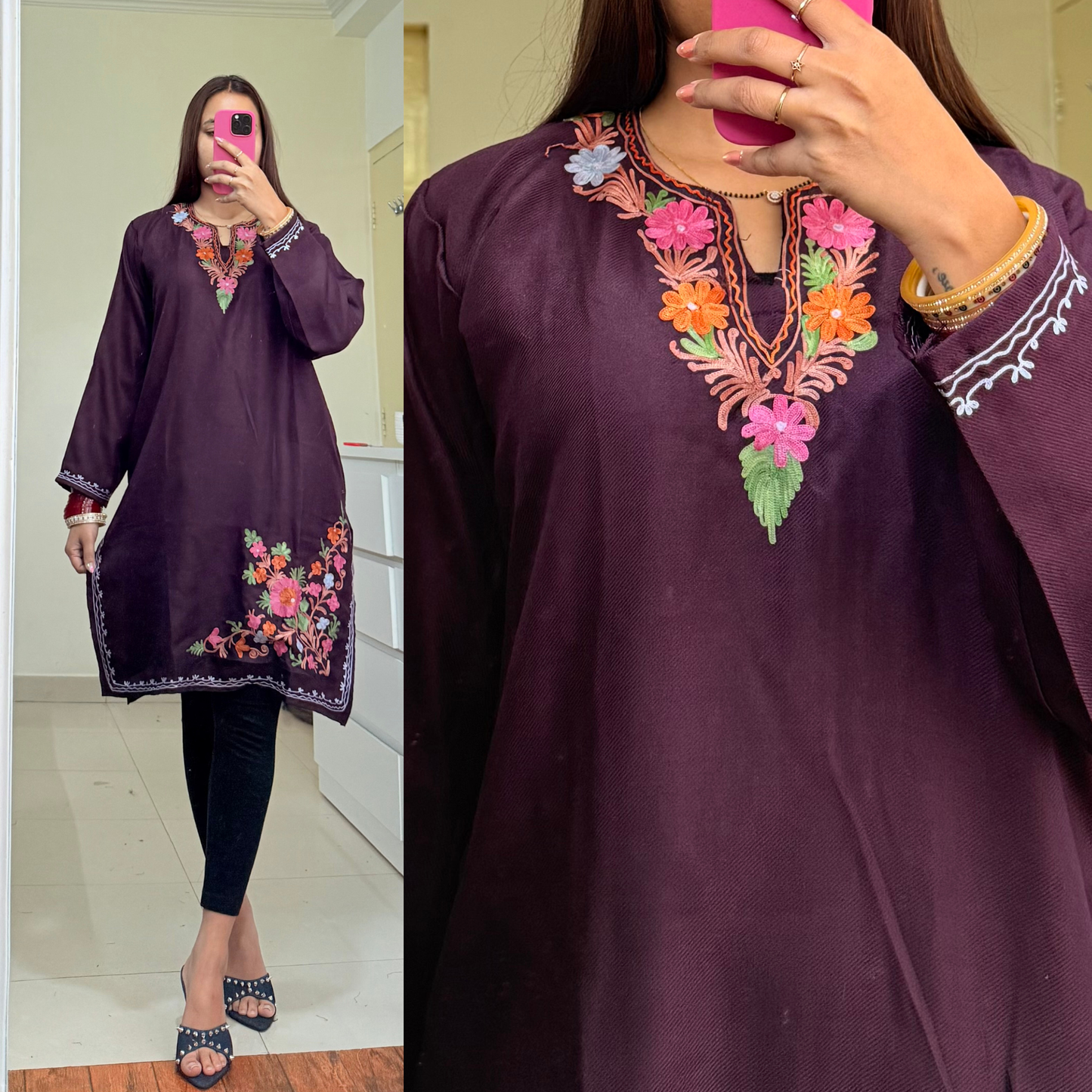 Zooni Woollen Kashmiri Kurti-Maroon