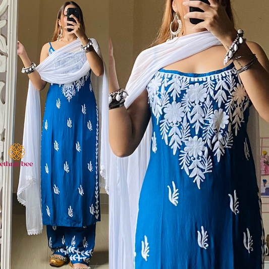 Lush Kashmiri Aari Work Three Piece Set-Teal Blue