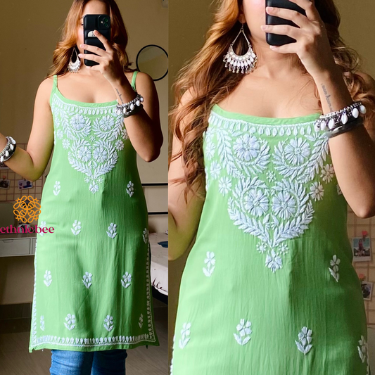 Nish Noodle Strap Chikankari Kurti-Pista Green